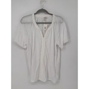 Cato Top Women 18/20W White NWT Pom Pom Trim Split Neck Cotton Modal Slub
